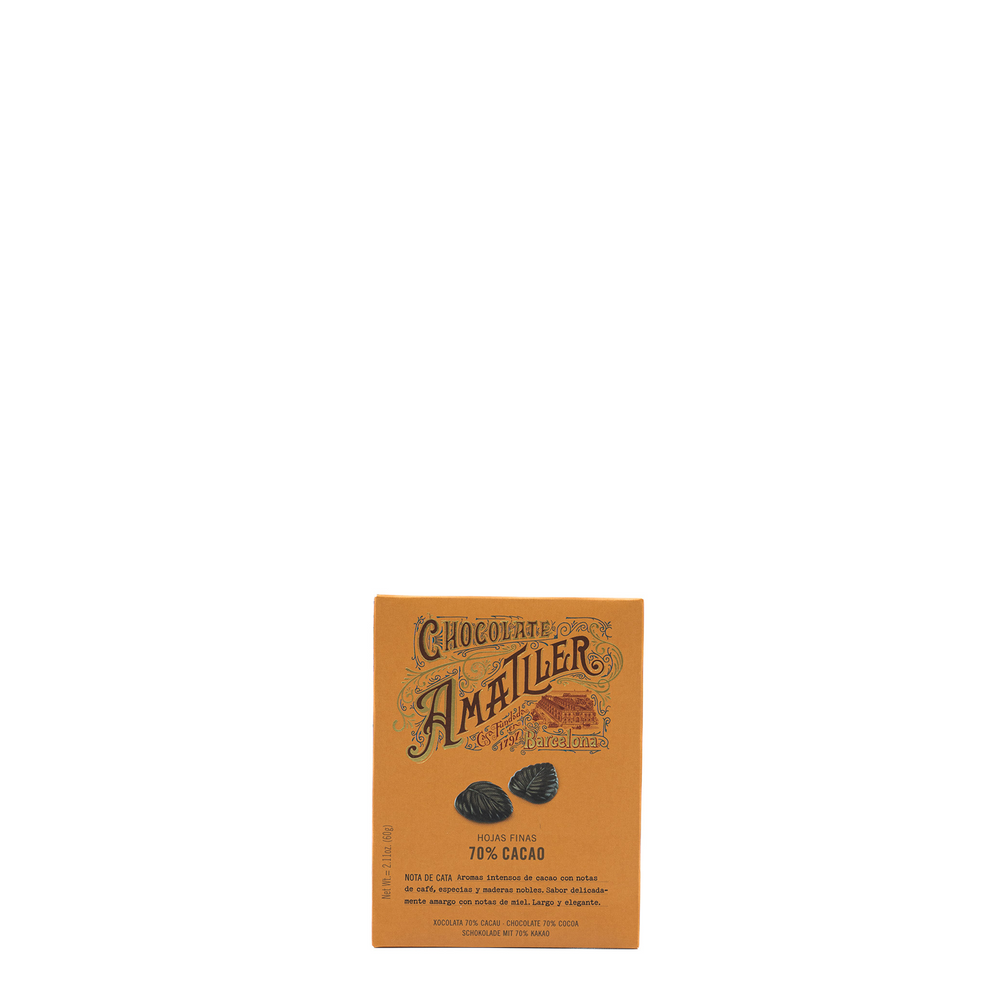 Amatller 70% Dark Chocolate Leaves 60g orange box